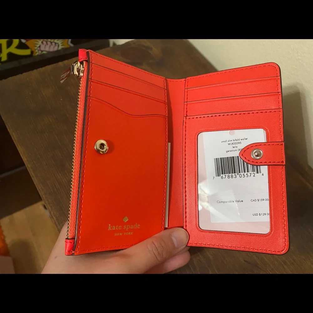 kate spade Red Pebbled Leather Zip Card Holder with Gold Logo